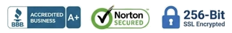Trust seals showing BBB Accredited A+, Norton Secured, and 256-Bit SSL Encryption